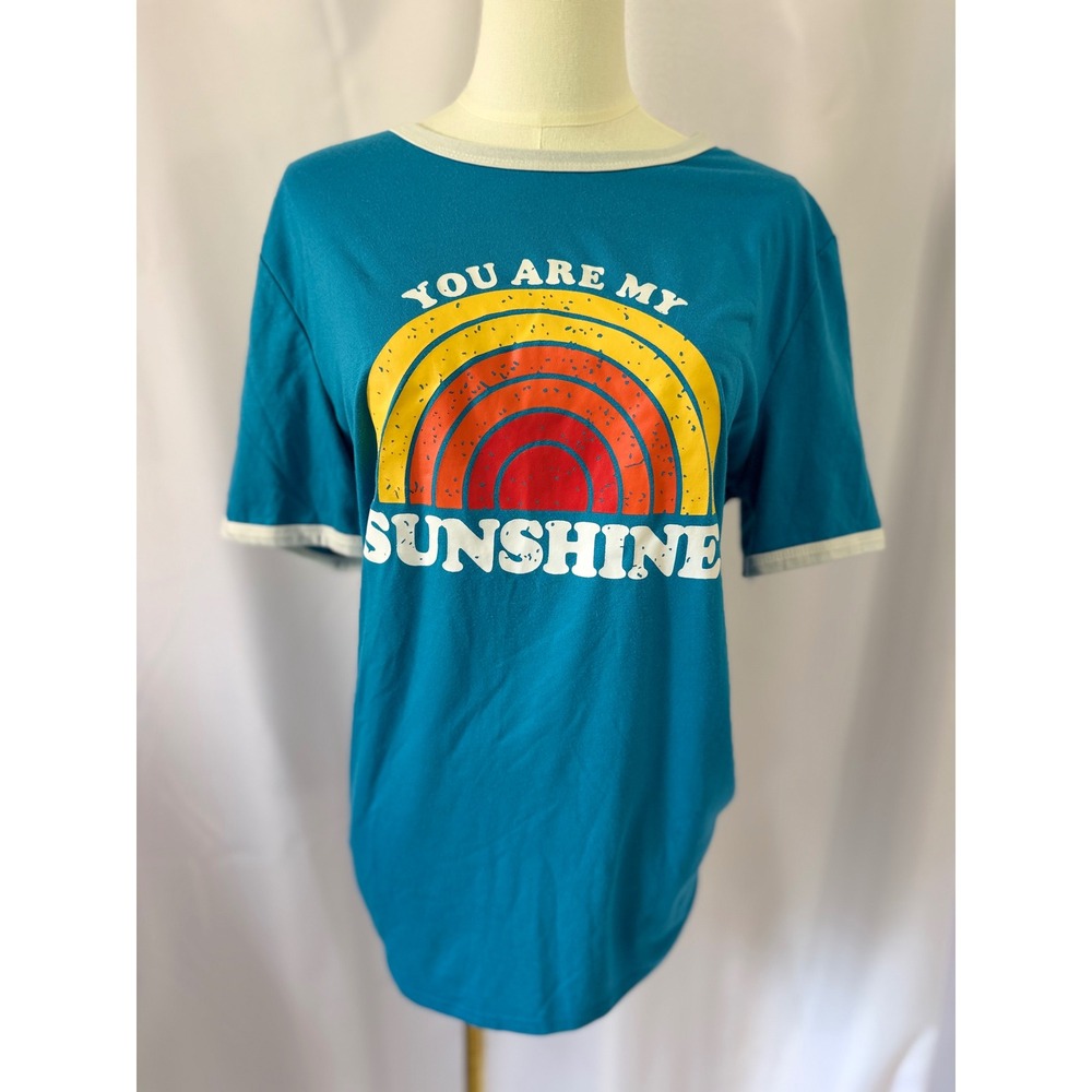 You Are My Sunshine Rainbow Ringer Tee Vintage Graphic Teal Blue Large Indie